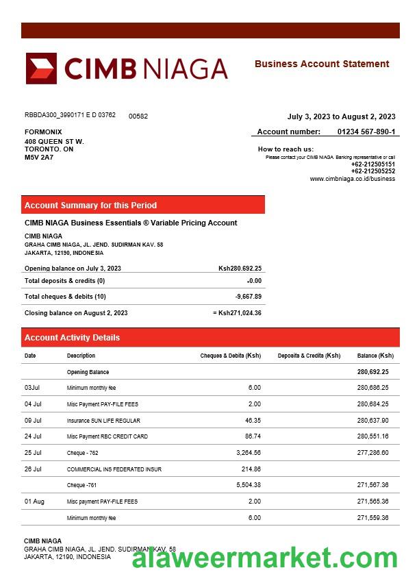 CIMB Niaga Bank business checking account statement Word and PDF template